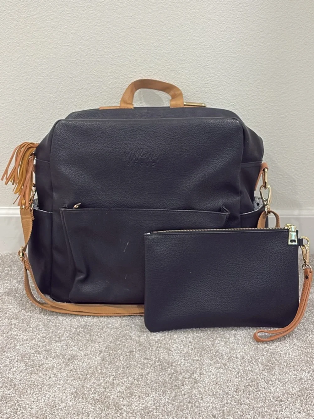 Diaper Backpack Tote in Black with Brown Trim